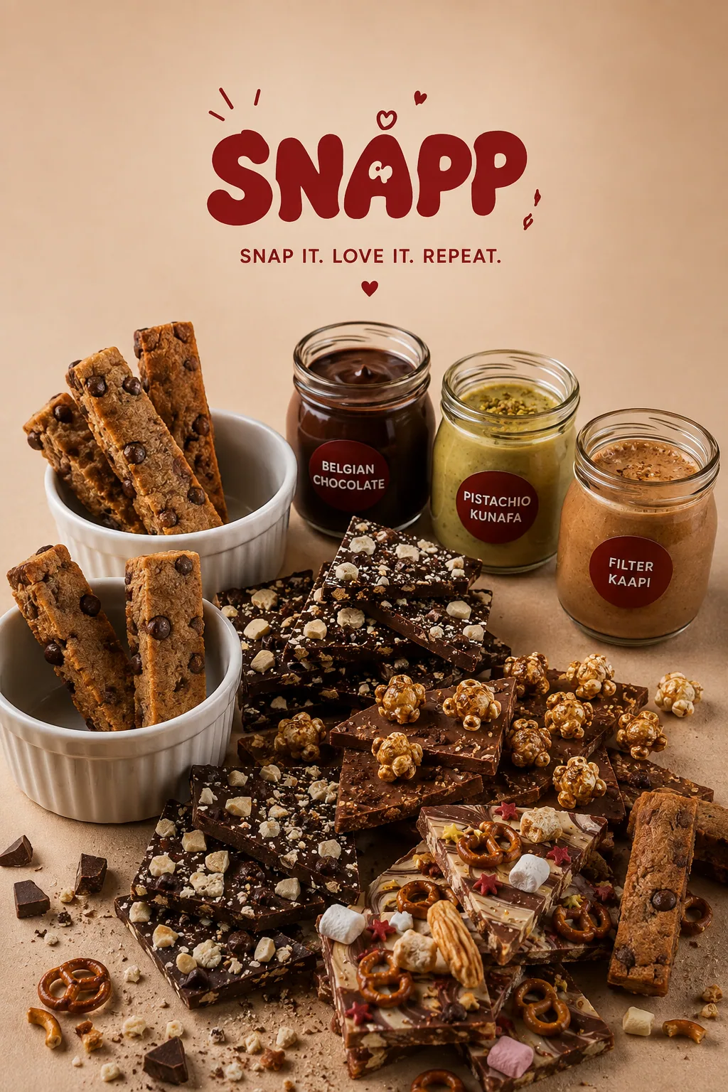 A kraft box of SNAPP cookie fries standing upright beside open pots of Belgian chocolate, Biscoff and pistachio kunafa dip
